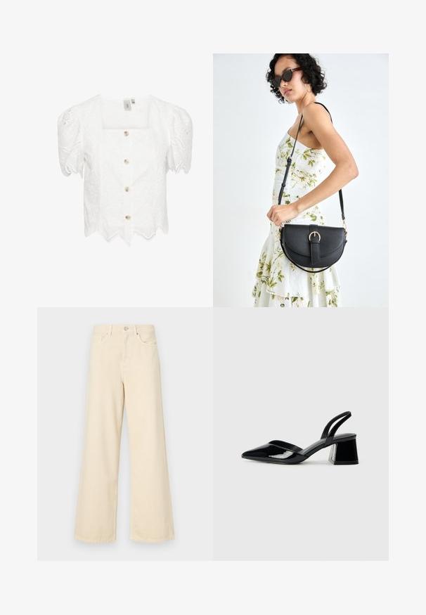 Fehér, rövid ujjú blúz négyzet alakú nyakkivágással. Lyukacsos anyag, fodros szegéllyel és öt gombbal az elején. Finom virágmintázat.; Bézs, széles lábú farmernadrág, pamutból készült. Gombos záródással, övhurkokkal és elülső zsebekkel rendelkezik, sima, puha tapintással.; Fekete lakk bőr szandálkés magas sarkú cipő, hegyes orral és geometrikus tömbsarkakkal. Karcsú, minimalista dizájn és sima textúra jellemzi.; Fekete bőrtáska ívelt formával, levehető pánttal és arany színű fémrészekkel. A táskán egy csattal díszített fedél található.
