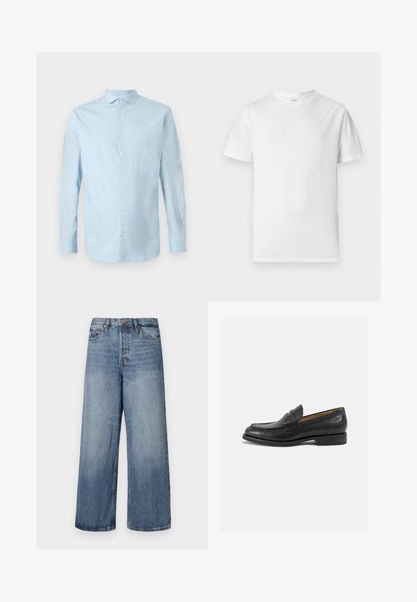 Lys blå langermet skjorte med knapper og klassisk krage, hvite knapper og en lett rynket tekstur.; Hvit kortermet t-skjorte laget av myk bomull. Har rund hals og rett hem med minimal dekor.; Bredde ben blå denim jeans med en falmet vask, fem lommers design og knappelukking. Utstyrt med beltehemper og sydd detaljering.; Sorte lær loafers med en glat overflade, rund tå og dekorativ syning på forfoden. Lav stablet hæl og let glans.