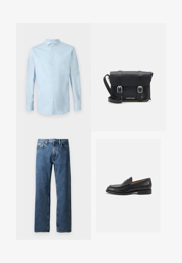 Šviesiai mėlynas ilgomis rankovėmis marškinis su klasikiniu apykakle, baltais mygtukais ir šiek tiek raukšlėta audinio tekstūra.; Mėlyni tiesaus kirpimo džinsai su aukštu liemeniu, mygtuko ir užtrauktuko uždarymu, priekinėmis kišenėmis ir mažyte balta prekės etikete dešinėje kišenėje.; Juodi odiniai loafersai su lygiu paviršiumi, apvaliu pirštu ir dekoratyvine siūlė viršuje. Žemas sustiprintas kulnas ir lengvas blizgesys.; Juodas odinis krepšys per petį su uždengimu, dviem sidabriniais sagtimis, geltonomis siūlėmis ir reguliuojamu dirželiu. Pasižymi lygiu paviršiumi ir kompaktišku dizainu.