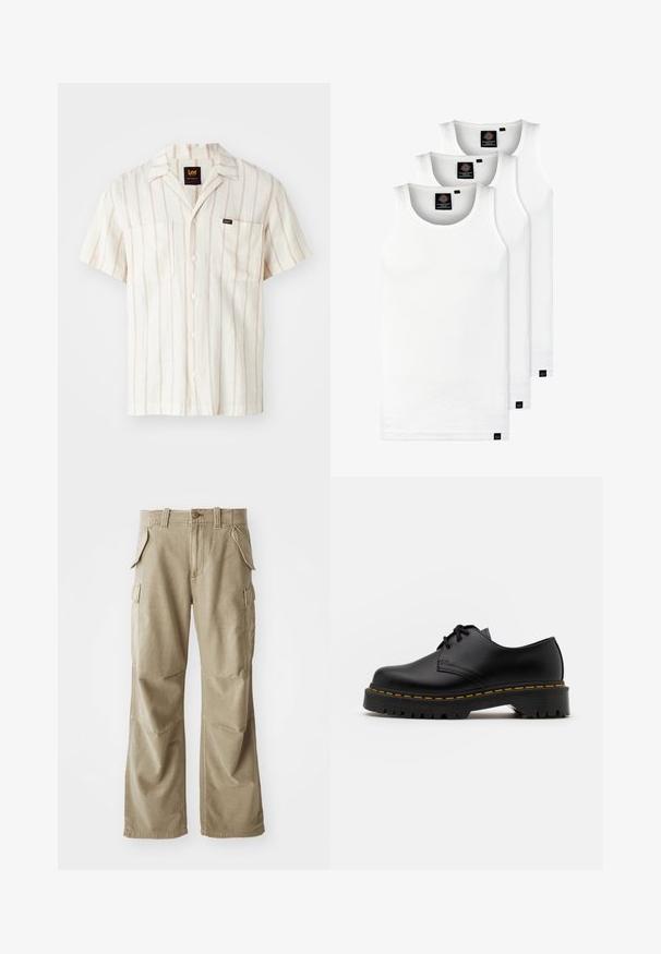 Kreminas T-krekls ar īsām piedurknēm un smalkām rozā svītrām. Tam ir apkakle, divas priekšējās kabatas un logotipa birka kreisajā kabatā.; Trīs baltas ribotas krūšturi, kas izgatavoti no kokvilnas. Iezīmēti ar apaļu kakla izgriezumu un maziem melniem etiķetēm tuvu apakšmalai. Pieejami vairākos izmēros.; Bēše kravas bikses izgatavotas no izturīga auduma, ar brīvu piegriezumu, vairākām sānu kabatām un nostiprinātiem ceļgaliem. Plakans priekšējais dizains.; Melnas ādas kurpes ar saistēm, noapaļota purngalu, ar teksturētu gumijas zoli un dzeltenu šuvju ap malu. Plakana forma un gluda apdare.