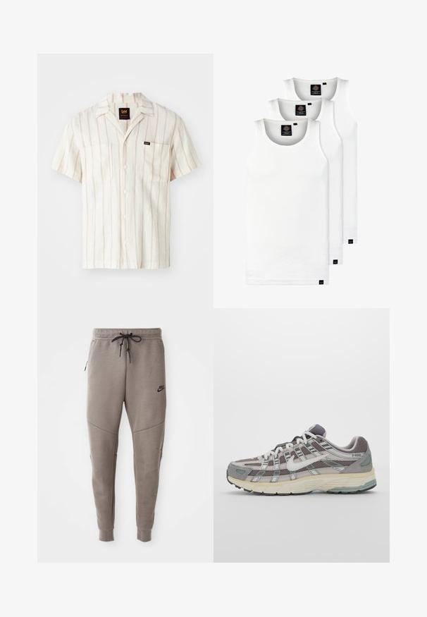 Kurzarmhemd in Creme mit zarten rosa Streifen. Verfügt über einen Kragen, zwei Fronttaschen und ein Logoetikett auf der linken Tasche.; Drei weiße, gerippte Tanktops aus Baumwolle. Merkmale einen Rundhalsausschnitt und kleine schwarze Etiketten am Saum. In mehreren Größen erhältlich.; Graue Nike-Sweatpants mit einem Kordelzugbund, schmal zulaufenden Beinen, seitlichen Taschen und auffälliger Nahtgestaltung. Weicher, strukturiert Stoff.; Grauer Sportschuh mit einem Obermaterial aus Mesh und Wildleder, weißen Akzenten, einer gepolsterten Sohle und einem charakteristischen Design mit reflektierenden Elementen.