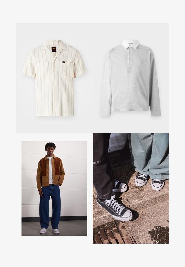 Krátký rukáv košile v krémové barvě se slabými růžovými pruhy. Obsahuje límeček, dvě přední kapsy a štítek s logem na levé kapse.; Světle šedá polokošile s dlouhým rukávem vyrobená z měkké tkaniny, s bílým límečkem a čtyřknoflíkovou légou. Hladká textura, neformální design.; Muž stojící uvnitř, oblečený v hnědé kordové bundě se rezavými skvrnami, bílém tričku, volných modrých džínách a bílých teniskách.; Černé plátěné tenisky s nízkým střihem a bílými gumovými špičkami a tkaničkami, v kombinaci s širokými zelenými džínovými kalhotami, ležící na texturovaném kamenném povrchu.