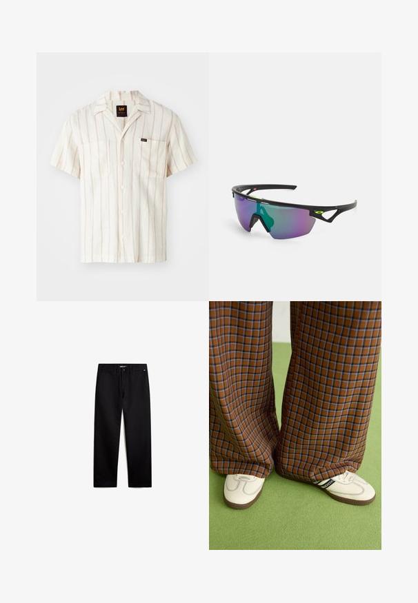 Krátký rukáv košile v krémové barvě se slabými růžovými pruhy. Obsahuje límeček, dvě přední kapsy a štítek s logem na levé kapse.; Černé bavlněné kalhoty rovného střihu se zipem vpředu a předními kapsami. Hladká textura, žádné viditelné vzory a minimální kovové prvky.; Hnědo-modré kostkované široké kalhoty doplněné bílými botami s černými akcenty a texturovanou podrážkou, umístěné na zeleném pozadí.; Sportovní sluneční brýle s černým rámem, velkým gradientním sklem s fialovými a zelenými odstíny a hranatými designovými akcenty s detailem loga.