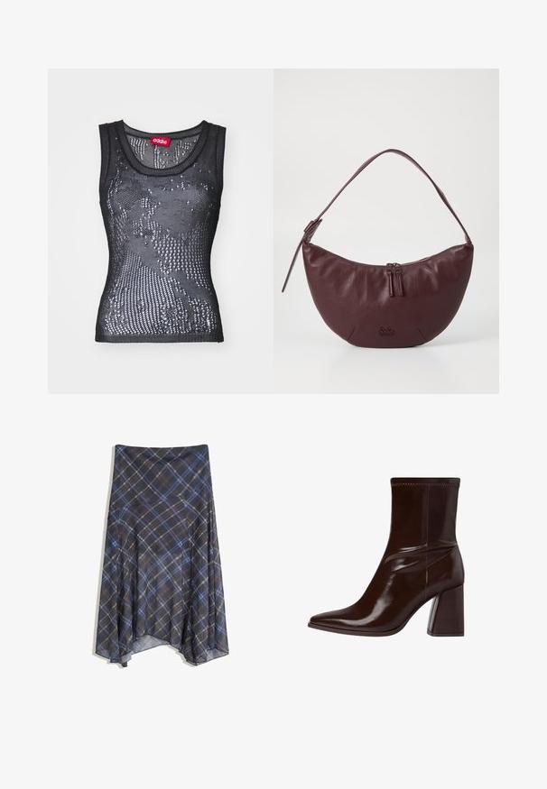 Zwarte mesh tanktop met een ronde halslijn en een patroon van kleine gaatjes. Het label binnenin zegt "032c." Het materiaal lijkt lichtgewicht en gestructureerd.; Zwarte geruite rok met blauwe en bruine lijnen, vloeiende stijl, middellang, gemaakt van lichte stof met een gladde textuur.; Bruine verlichte leren enkellaars met een spitse neus, elastische enkel en een stevige blokhak. Strak ontwerp met een gladde textuur.; Bordeaux lederen handtas met een gebogen ontwerp, voorzien van een ritssluiting, twee ritslussen en een korte schouderband. De details omvatten een geperst logo.