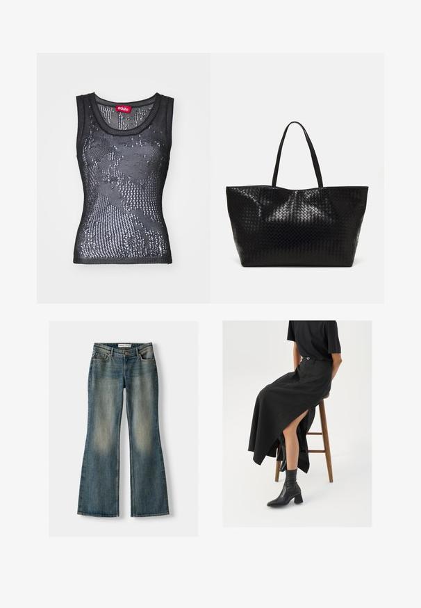 Fekete hálós ujjatlan trikó, kerek nyakkivágással és kis lyukakból álló mintával. A belső címke felirata: "032c." Az anyag könnyűnek és texturáltnak tűnik.; Kék, bővülő fazonú farmernadrág, elhasználódott mosással, öt zsebbel és gombos záródással. Az anyag denim textúrája finom varrási részletekkel rendelkezik.; Fekete len maxi szoknya magas hasítékkal, fekete pólóval és fekete bokacsizmával viselve. Minimalista dizájn, laza illeszkedéssel.; Fekete szövött bevásárlótáska két strapabíró füllel, fényes felülettel és tágas, nyitott tetejű kialakítással.