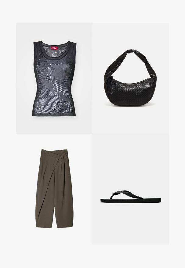 Musta verkko tank top, jossa on pyöreä pääntie ja pieniä reikiä sisältävä kuvio. Sisäpuolella oleva etiketti lukee "032c". Materiaali näyttää kevyeltä ja teksturoidulta.; Housut, joissa on leveä malli tummanoliivinvihreässä kankaassa, pleat-edessä, napin sulkeminen ja kiiltävä, tekstuuri pinta.; Musta kumisaapas sandaali, jossa on teksturoitu thong-hihna ja yksinkertainen litteä pohja, esitetty sivustolta vaalealla taustalla.; Mustan kudottu nahkalaukku, jossa on kaareva muotoilu, paksu kahva ja vetoketjusulku. Teksturoitu pinta, jossa on kiiltävä vi viimeistely.