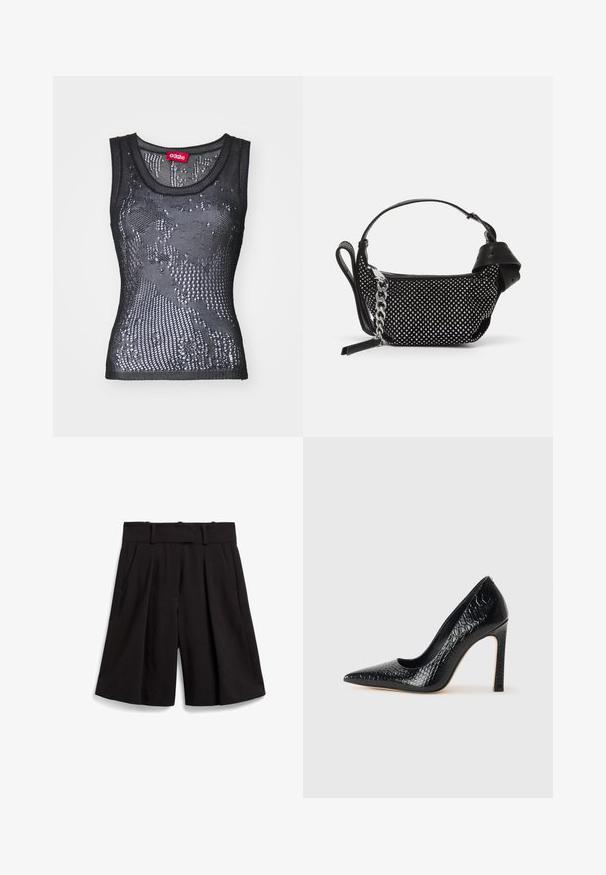 Zwarte mesh tanktop met een ronde halslijn en een patroon van kleine gaatjes. Het label binnenin zegt "032c." Het materiaal lijkt lichtgewicht en gestructureerd.; Zwarte op maat gemaakte shorts met een brede pijp, plooien aan de voorkant en een rechte tailleband met riemlussen. Soepele stoftextuur.; Zwarte puntige hoge hak schoen met een krokodillenleren textuur, met een slank ontwerp, hoge stiletto-hak, en een gladde zwarte binnenkant.; Zwarte handtas met studded embellishments, een kettingriem en een soepel leren handvat, met een afgeronde vorm en een ritscompartiment.