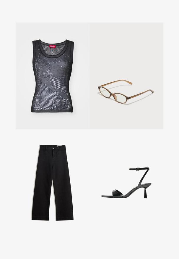 Musta verkko tank top, jossa on pyöreä pääntie ja pieniä reikiä sisältävä kuvio. Sisäpuolella oleva etiketti lukee "032c". Materiaali näyttää kevyeltä ja teksturoidulta.; Mustat leveät farkut korkealla vyötäröllä, joissa on etu- ja takataskut, ommellut saumat ja nappisuljenta. Silkinoinen rakenne.; Bershka Korolliset sandaalit - black; Ruskeat kilpikonnaruutulasiset silmälasit, joissa ovaalit linssit, ohuet varret ja läpinäkyvät yksityiskohdat. Temppeleissä on huomaamaton logo. Suunnittelultaan suora ja kevyt.