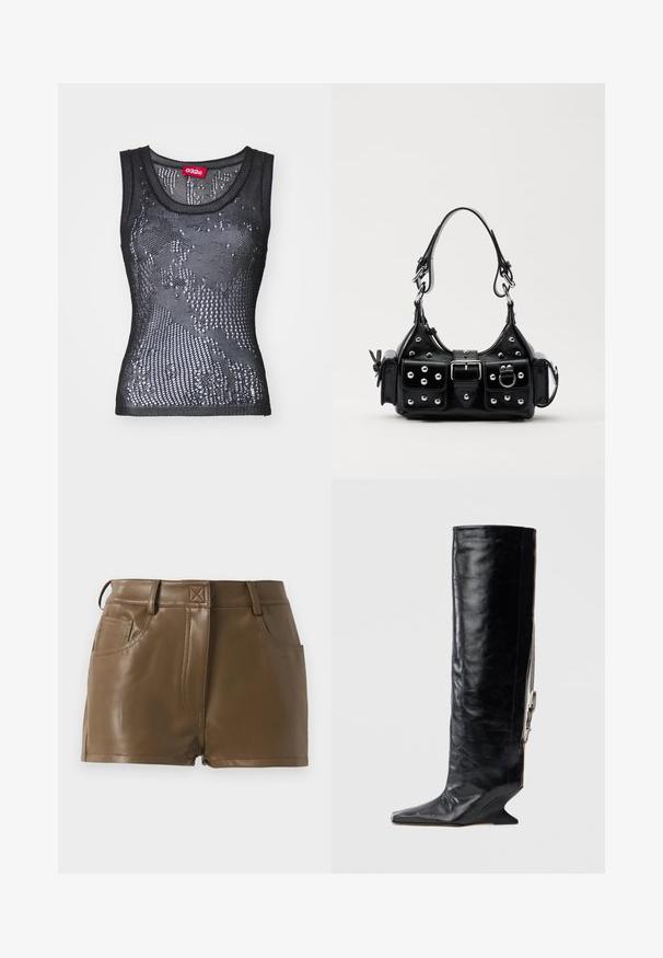 Black mesh tank top featuring a round neckline and a pattern of small holes. Label inside reads "032c." Material appears lightweight and textured.; Brown faux leather shorts with a fitted design, waistband with belt loops, front pockets, and visible stitching details.; Knee-high black leather boot with a pointed toe, unique wedge heel, and side chain accent. Smooth texture with a glossy finish.; Black leather handbag with a curved design, featuring silver studs, a buckle, and two side pockets. Adjustable strap for carrying options.