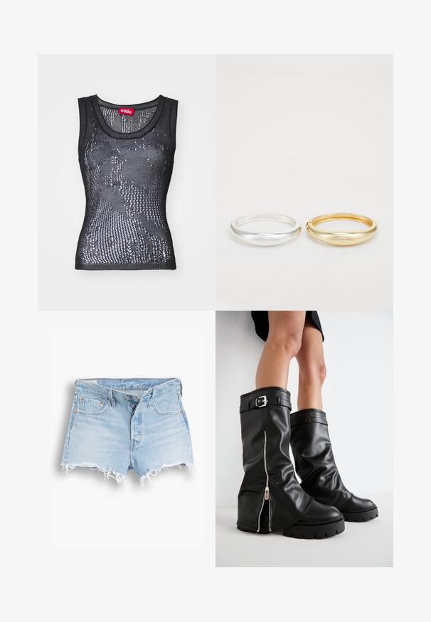 Camară neagră din plasă, cu un guler rotund și un model de mici găuri. Eticheta din interior spune "032c." Materialul pare ușor și texturat.; Pantaloni scurți din denim de culoare albastră deschisă, cu talie înaltă, margini destrămate, design cu cinci buzunare și cusături contrastante. Două butoane la închiderea din față.; Bocanci din piele negri, până la genunchi, cu un ștaif larg, având un fermoar pe lateral și accent cu cataramă, finisaj texturat și talpă din cauciuc masiv.; Zign 2 PACK - Brăţară - gold-coloured/silver-coloured