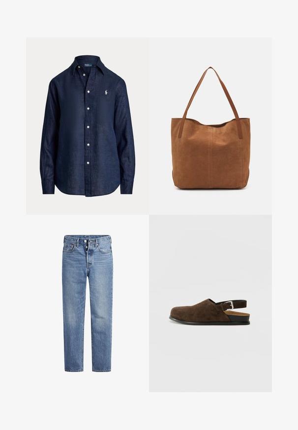 Sötétkék vászon ing hosszú ujjakkal, gombos elülső résszel, hegyes gallérral és apró hímzett logóval a bal mellen. Puha, texturált anyag.; Világoskék farmernadrág egyenes szabással, öt zsebes dizájnnal és gombos nyereggel. Finom kopásokkal és narancssárga varrási részletekkel rendelkezik.; Barna szarvasbőr slip-on cipő alacsony sarokkal, állítható pánttal ezüst csattal és fekete gumitalppal.; Barna velúr táska két hosszú fogantyúval, sima textúrával, egyszerű dizájnnal, és látható fém részek vagy díszítés nélkül.