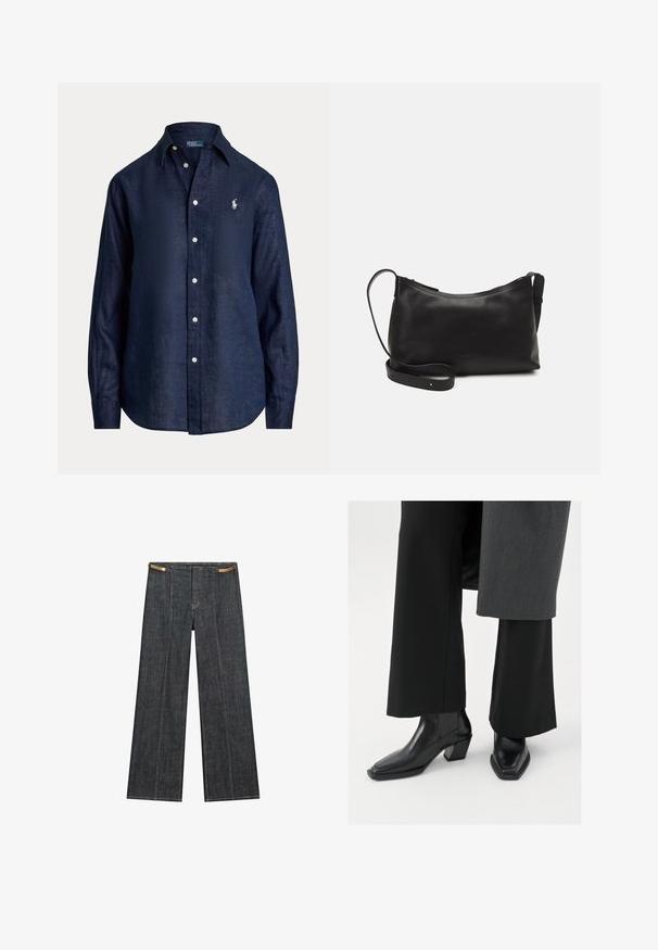 Marineblaues Leinenhemd mit langen Ärmeln, Knopfverschluss, spitzem Kragen und kleinem gestickten Logo auf der linken Brust. Weicher, strukturierten Stoff.; Helle Jeans mit weitem Bein und hoher Taille. Mit sichtbaren Nähten, einem Knopfverschluss und einem einzigartigen Kettenakzent an der Taille.; Schwarze Ankle-Boots mit quadratischer Zehenform und schmalem Absatz, aus glänzendem Leder mit vertikalen Rippdetails an den Seiten.; Schwarze Ledertasche für die Schulter mit glatter Textur, geschwungener Form, verstellbarem Tragegurt und Reißverschluss. Minimalistisches Design ohne Verzierungen.