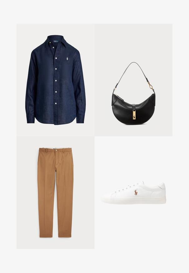 Camicia di lino blu navy con maniche lunghe, chiusura a bottoni, colletto a punte e piccolo logo ricamato sul lato sinistro del petto. Tessuto morbido e strutturato.; Pantaloni in cotone marrone con un design slim-fit, frontale piatto e tasche standard; texture liscia e orli rifiniti.; Sneakers in pelle bianca, design low-top, caratterizzati da una texture liscia, punta rotonda, chiusura con lacci e un piccolo logo ricamato sul lato.; Borsa a tracolla nera in pelle a forma di mezzaluna. Presenta un accento in metallo dorato e una tracolla sottile. Tessuto liscio, chiusura a cerniera nella parte superiore.