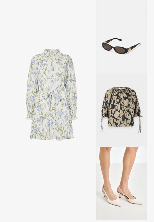 Bluzka w kwiatowy wzór w kolorze czarnym i beżowym, z gathering na dekolcie, bufkami oraz akcentami w postaci sznurków do regulacji dopasowania.; Kwiatowa sukienka w bieli z niebieskimi i zielonymi kwiatami, z kołnierzykiem, zapinana na guziki z przodu, z długimi rękawami z elastycznymi mankietami i paskiem w talii.; Beżowe lakierowane szpilki z odkrytą piętą, zakończone spiczastym noskiem i 5 cm obcasem, z wyciętymi bokami oraz cienkim paskiem na kostce.; Słoneczne okulary w kolorze żółwi z wydłużonymi owalnymi soczewkami, brązowym odcieniem, złotymi akcentami logo na zausznikach oraz smukłymi czarnymi ramionami.; Beżowa torebka w wzory o zakrzywionym kształcie, z skórzanymi akcentami i złotym logo z przodu. Posiada krótki uchwyt, co ułatwia noszenie.