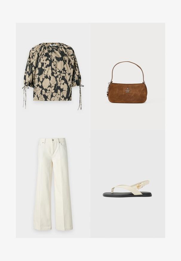 Kvetinová blúzka v čiernej a béžovej farbe, s nariaseným výstrihom, vypchanými rukávmi a šnúrkovými detailmi pre nastaviteľný strih.; Biele džínsy s širokými nohavicami vyrobené z bavlnenej zmesi. Majú zips, päť vreciek a švy so zafarbením.; Ploché sandále s čiernou podrážkou. Vrchná časť má prekrížené popruhy v béžovej farbe, s detailom zlatého pracky na popruhu okolo členku. Hladká textúra.; Hnedá semišová kabelka s krátkym popruhom. Obsahuje strieborné logo, akcent s hviezdou a hladký povrch. Kompaktný obdĺžnikový tvar.