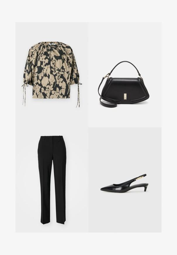 Blusa con stampa floreale in nero e beige, dotata di scollatura arricciata, maniche a sbuffo e dettagli con cordoncini per una vestibilità regolabile.; Pantaloni neri su misura con un design a gamba dritta, caratterizzati da una texture liscia e pieghe ben definite sul davanti. Senza hardware visibile.; Tacchi slingback in pelle nera con punta affusolata, caratterizzati da un tacco alto e un accento dorato sulla cinghia regolabile. Texture liscia.; Borsa a mano in pelle nera con un design strutturato, caratterizzata da una forma corta, manico superiore e accessori in metallo dorato. Inclusa tracolla regolabile.