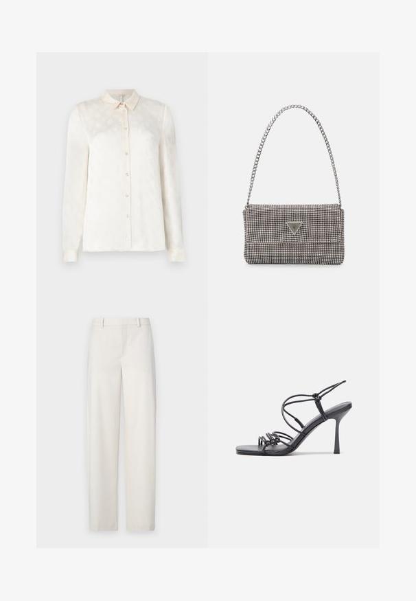 White long-sleeve shirt with a collared neckline, buttoned front, made of a smooth fabric featuring a subtle embossed pattern.; Light beige trousers made of a smooth fabric, featuring a straight cut, flat front, belt loops, and side pockets.; Black high-heeled sandals feature thin straps with a knotted design, a smooth square toe, and a sleek stiletto heel.; Light gray metallic handbag featuring a chain strap, embellished with small circular metallic studs and a triangular brand logo.