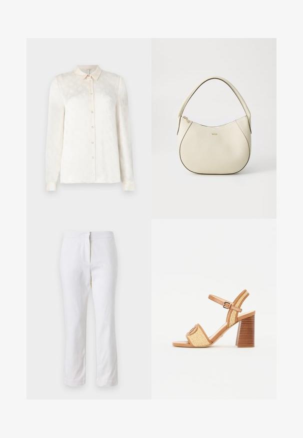 Valge pika varrukaga särk, millel on krae, nööpidega ees, valmistatud siledast kangast, millel on peen reljeefne muster.; Valged puuvillased püksid sirge lõikega, keskmise kõrgusega vöökoht ja ilma nähtavate detailide või mustriteta. Ühtlane sile tekstuur.; Pruun nahast ja kootud õlgedest kontsakingad, millel on pahkluu rihm, avatud varvas ja tumesinine puidust stiilis konts, millel on horisontaalsed triibud.; Kreemivärvi käsipott, millel on tekstureeritud viimistlus, kumer kuju, lühike käepide ja kuldse tooniga logo detail. Ülemine lukustus.