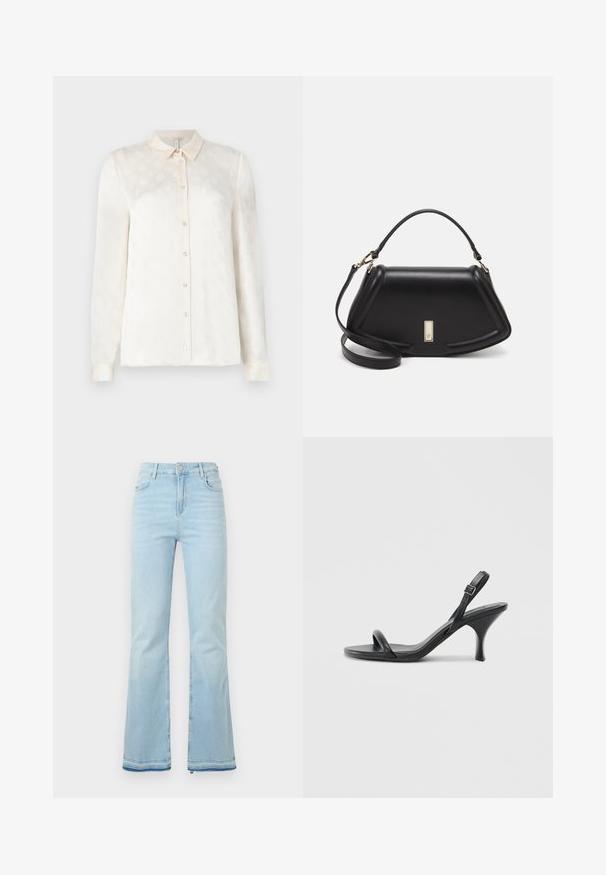 White long-sleeve shirt with a collared neckline, buttoned front, made of a smooth fabric featuring a subtle embossed pattern.; Light blue flared jeans made of denim, featuring a high waist, front pockets, and a raw hem at the cuffs for a casual look.; Black leather high-heeled sandals with a slim, curved heel and a crossed strap design. Adjustable ankle strap. Smooth texture.; Black leather handbag with a structured design, featuring a cropped shape, top handle, and gold hardware accent. Adjustable shoulder strap included.