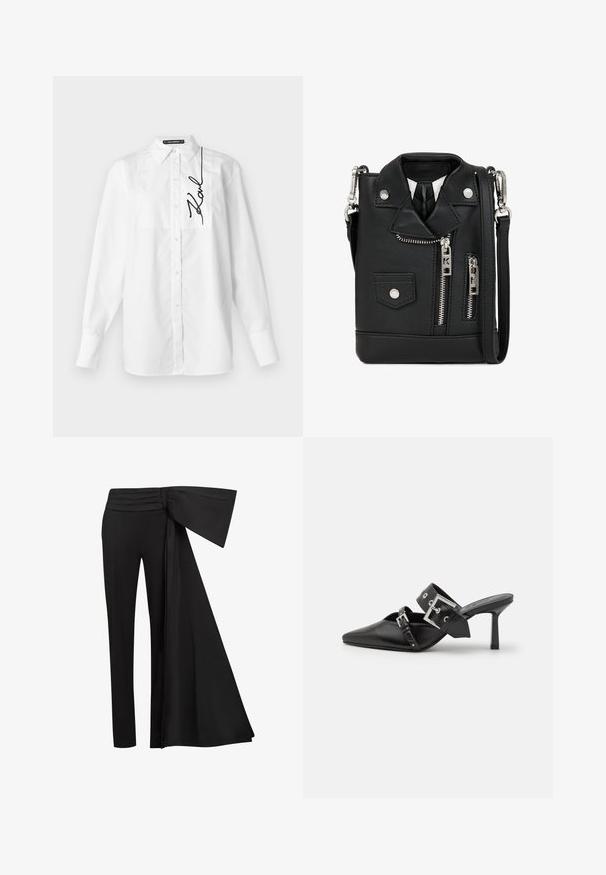 Weißes langärmeliges Hemd mit Knopfleiste, klassischem Kragen und schwarzer, in Kursive gehaltener "Karl"-Stickerei auf der oberen linken Brustseite.; Schwarze Hosen mit einem breiten, drapierten Taillendetail. Glattes Material, gerade Beinform und gefalteter Bund.; Schwarze High-Heel-Mules mit spitzem Zeh aus glattem Leder. Mit einem breiten Knöchelriemen, der eine quadratische silberne Schnalle und Nieten aufweist.; Schwarze Umhängetasche aus Kunstleder, gestaltet wie eine Motorradjacke. Mit Reißverschlüssen, Druckknöpfen und einem Schultergurt ausgestattet. Kompakt und mit einem rockigen Look.