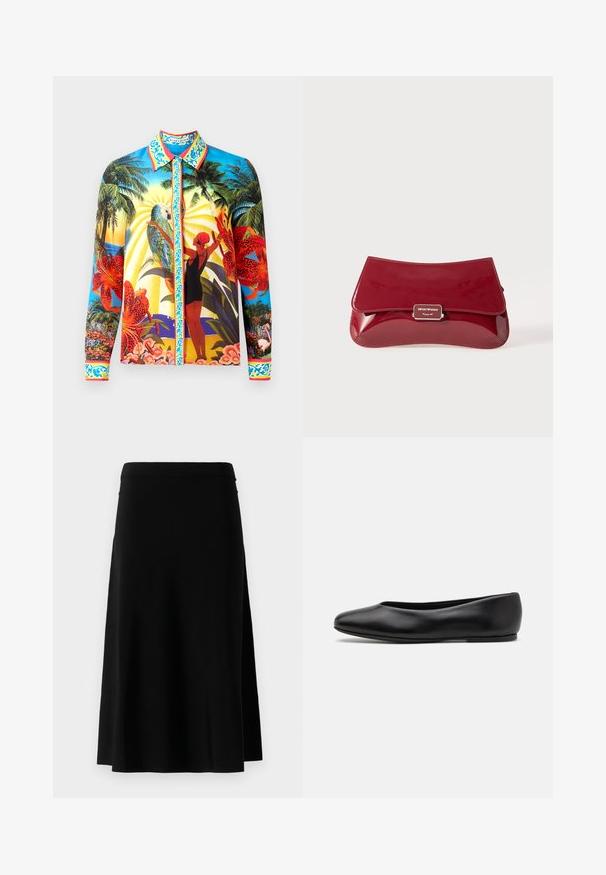 Košile s dlouhým rukávem a knoflíkovým zapínáním vyrobená z hladkého materiálu; má živé tropické vzory, kontrastní límec a dekorativní prvky podél knoflíkové lišty.; Černá sukně po kolena se střihovým střihem a bočním rozparkem, vystavená na bílém pozadí.; Paul Smith TOPANGA - Klasické baleríny - black; Červená lakovaná kabelka s křivkovým designem, překlopným víkem a kovovým logem na stříbrné destičce. Hladký, lesklý povrch.