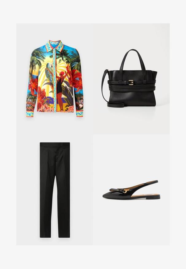 Long-sleeve button-up shirt in smooth fabric; features vibrant tropical prints, contrasting collar, and decorative accents along the button placket.; Black trousers featuring a smooth fabric, tailored design, straight legs, and a flat waistband with no visible closures or pockets.; Black patent leather slingback flat shoe with pointed toe, a subtle bow accent, and gold-tone hardware on the strap.; Black leather handbag with structured design, dual top handles, detachable strap, and gold buckle accent on a horizontal band.