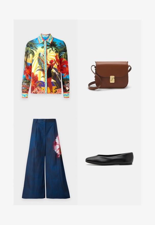 Langarm overhemd met knoopsluiting in een gladde stof; bevat levendige tropische prints, een contrasterende kraag en decoratieve accenten langs de knoopsluiting.; Wijde broek in donkerblauwe stof, met een bloemenprint in roze en geel aan één kant, met een knoopsluiting bij de taille.; Paul Smith TOPANGA - Ballerina's - black; Bruine leren handtas met een klep sluiting, gouden hardware, een schouderband en een gladde textuur. Compact rechthoekige vorm.