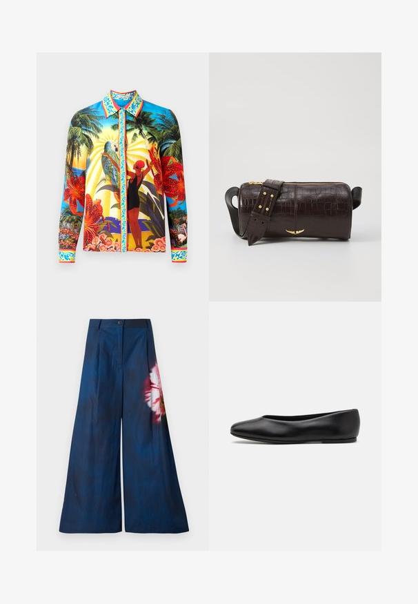 Langärmliges Hemd mit Knöpfen aus glattem Stoff; verfügt über lebendige tropische Muster, einen kontrastierenden Kragen und dekorative Akzente entlang der Knopfleiste.; Weite Hosen aus dunkelblauem Stoff mit einem floralen Muster in Rosa und Gelb auf einer Seite und einem Knopfverschluss an der Taille.; Paul Smith TOPANGA - Klassischer Ballerina - black; Braune, krokodilgeprägte Lederhandtasche mit zylindrischer Form, goldfarbener Hardware und einem abnehmbaren Tragegurt mit Nieten.