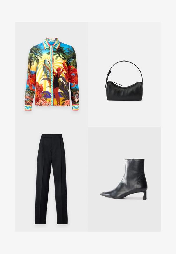 Langærmet skjorte med knapper i glat stof; har farverige tropiske tryk, kontrasterende krave og dekorative detaljer langs knaplisten.; Sorte bukser lavet af glat stof, der har høj talje, brede ben, frontfolder og klassiske bælteløkker. Ingen synlige sidelommer.; Sort læder ankelstøvle med spids tå og et strømlinet design. Har en lav hæl og en lynlås lukning bagpå. Glat tekstur.; Sort læder skuldertaske med et buet design, lynlåslukning og en slank rem. Har en glat tekstur og diskrete syninger.
