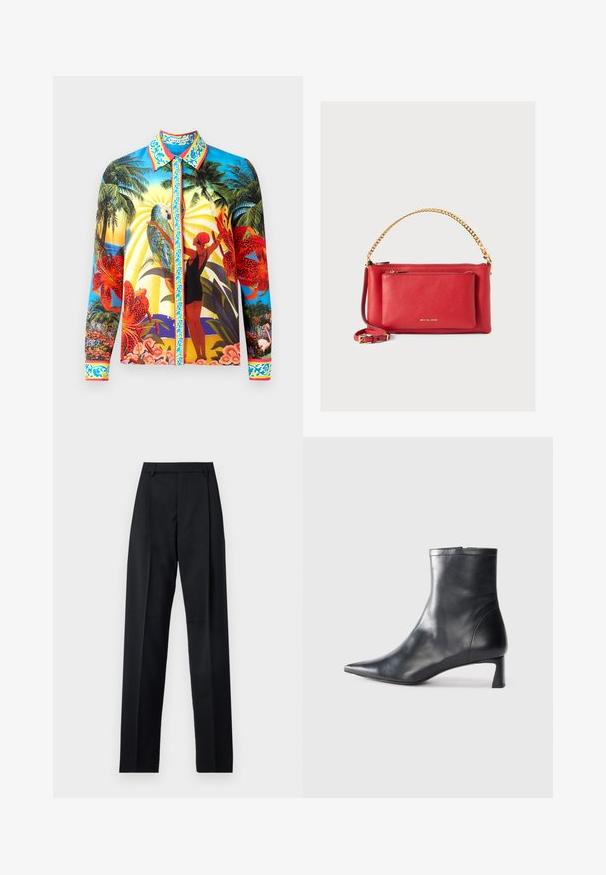 Ilga rankovė mygtukų marškiniai iš lygaus audinio; turi ryškius tropinius raštus, kontrastingą apykaklę ir dekoratyvinius akcentus palei mygtukų juostą.; Juodos kelnės iš lygaus audinio, pasižyminčios aukštu liemeniu, plačiomis kojomis, priekinėmis klostėmis ir klasikiais diržo kilpomis. Šoninių kišenių nematyti.; Juodas odinis kulkšninis batas su smailiu pirštu ir elegantišku dizainu. Turi žemą kulną ir užtrauktuką gale. Lygi tekstūra.; Raudona odinė rankinė su tekstūruotu paviršiumi, auksine grandine ir dirželiu, priekinė užtrauktuko kišenė ir išspaustas logotipas. Kompaktiškas ir struktūruotas dizainas.