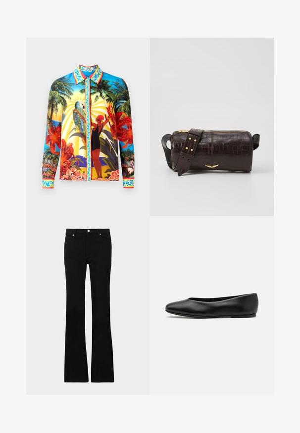 Camicia a maniche lunghe con bottoni in tessuto morbido; presenta vivaci stampe tropicali, colletto a contrasto e decorazioni lungo la pattina dei bottoni.; Jeans neri svasati in denim, dotati di due tasche anteriori, chiusura con bottone e una texture liscia. Cuciture iconiche visibili nei punti di giuntura.; Paul Smith TOPANGA - Ballerine - black; Borsa in pelle stampata a coccodrillo marrone con forma cilindrica, accessori in tonalità oro e una tracolla staccabile con borchie.