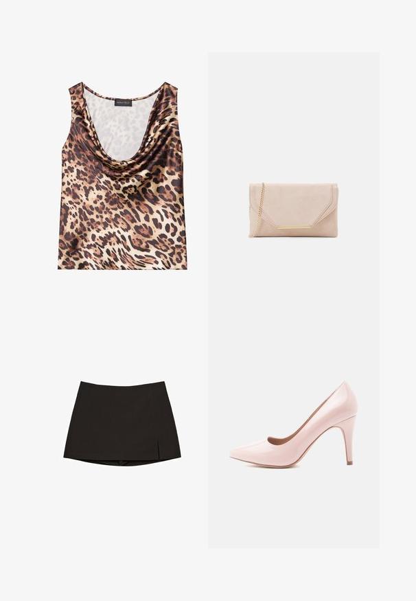 Liivikuvioinen toppi, ilman hihoja, roikkuva kaula-aukko, silkkinen rakenne, ruskea ja beige väriyhdistelmä, rohkeilla mustilla pisteillä ja sileällä pinnalla.; Musta minihame, valmistettu sileästä kankaasta, suora malli sivuhaara leikattuna ja siisti helma. Yksinkertainen ja monipuolinen.; Vaaleanpunaiset kiiltävät korkokengät, joissa on terävä kärki ja sulavalinjainen muotoilu, varustettuna 10 senttimetrin stiletto-korkolla ja sileällä pinnalla.; Beige mokkanahka käsilaukku, jossa on kultaketju ja suorakulmainen metalliosuus. Sisältää käännettävän läpän, jossa on kulmikkaat reunat ja ompeluyksityiskohta.