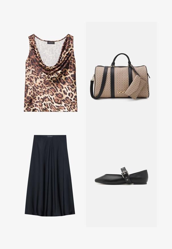 Leopardprint mouwloze top, gedrapeerde halslijn, zijdezachte textuur, bruin en beige kleurenschema, met gedurfde zwarte vlekken en een gladde afwerking.; Zwarte, knielange rok van lichtgewicht stof met een vloeiende uitstraling. Kenmerkt zich door een gladde textuur en subtiele plooien voor extra detail.; Zwarte leren platte schoen met een spitse neus, zijkantband met een zilveren gesp en een lage hak. Soepele textuur en minimalistisch ontwerp.; Dufflebag met een beige patroon aan de buitenkant, zwarte leren banden, gouden hardware en een kleine bijpassende pouch die eraan vastzit. Gestructureerd ontwerp.; Gouden rechthoekige polshorloge met een witte wijzerplaat, zilverkleurige uurmarkeringen en een duurzame metalen schakelarmband. Inclusief waterdichte functie.