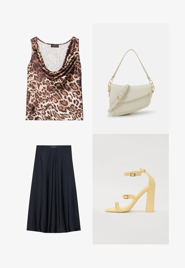 Top bez rukávov s leopardím vzorom, splývavý výstrih, hodvábna textúra, hnedo-bežová farebná schéma s výraznými čiernymi škvrnami a hladkým povrchom.; Čierna sukňa po kolená vyrobená z ľahkej tkaniny s voľným strihom. Obsahuje hladkú textúru a jemné záhyby pre dodatočný detail.; Žlté sandále na blokovom podpätku s tromi nastaviteľnými popruhmi, štvorcový tvar špičky, hladký syntetický materiál a sponky v striebornom tóne.; Malá krémová kabelka s textúrovaným povrchom, dlhým nastaviteľným popruhom, reťazovým detailom a klopovým uzáverom. Zlaté kovové prvky.; Strieborné kruhové náušnice s hladkým, lesklým povrchom. Kolový tvar a bezpečné klikanie na uzatváranie. Ľahký dizajn vhodný na každodenné nosenie.