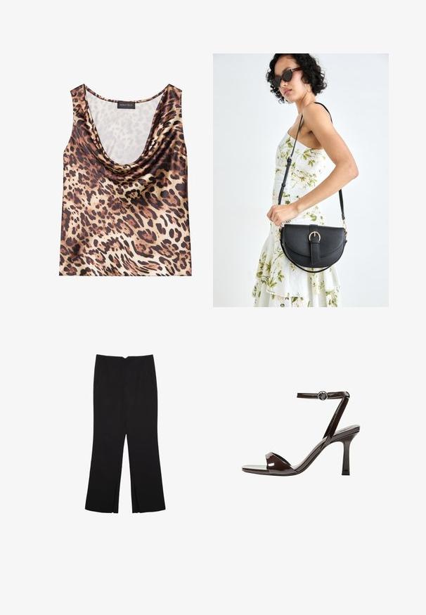 Top brez rokavov v leopardjem vzorcu, z obljudnim ovratnikom, svilnato teksturo, rjava in bež barvna shema, z drznimi črnimi pikami in gladko površino.; Črne hlače ravnega kroja z naglavnimi žepi in stranskimi razporki na robu. Narejene iz mehke, gladke tkanine. Primerne za različne priložnosti.; Rjave visokosprti sandali iz pateniranega usnja z zaponko okoli gležnja, odprto konico in eleganten, minimalističen dizajn. Imajo kvadratno peto.; Črna usnjena torbica s ukrivljeno obliko, z odstranljivo naramnico in zlatimi dodatki. Torbica ima pokrov s podrobnostmi v obliki zaponke.