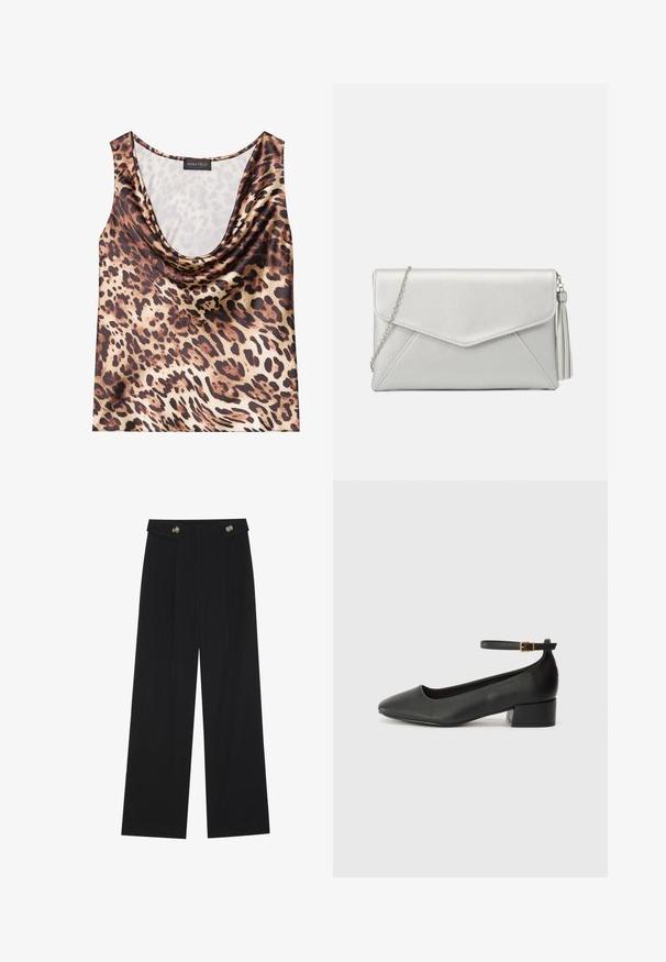 Bluza bez rukava s leopard uzorkom, s drapiranim dekolteom, svilenom teksturom, smešnom i bež paleti boja, sa izraženim crnim mrljama i glatkom završnom obradom.; Crne hlače širokih nogavica s visokim strukom, s dugmadi na pojasu i prednjim nabora.; Crne kožne pumpe s oštrim vrhom i niskom blok petom. Sadrže remen oko gležnja s zlatnim kopčanjem. Glatka tekstura.; Srebrna sintetička kožna torbica s dizajnom omotnice, livada za lanac i detaljem na resicama s jedne strane, s kutnim šavovima.