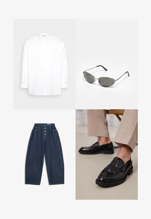 Vit långärmad skjorta med knappar i bomull. Har en spetsig krage och sex knappar fram. Slät textur, normal passform.; Mörk lila stickad polo med ett strukturerat bikake-mönster, med krage, plagg med tre knappar och broderad logotyp på kragen.; Mörkblå denim byxor med vida ben och hög midja, femknappsstängning och fem fickor. Har sömnadsdetaljer på sömmarna.; Svarta läder loafers med en slät finish, prydda med en dekorativ rem och kontrastsöm, tillsammans med beiga byxor.; Solglasögon med en elegant, silver metallram, gråtonade linser och en aerodynamisk design med spetsiga kanter och tunna bågar.