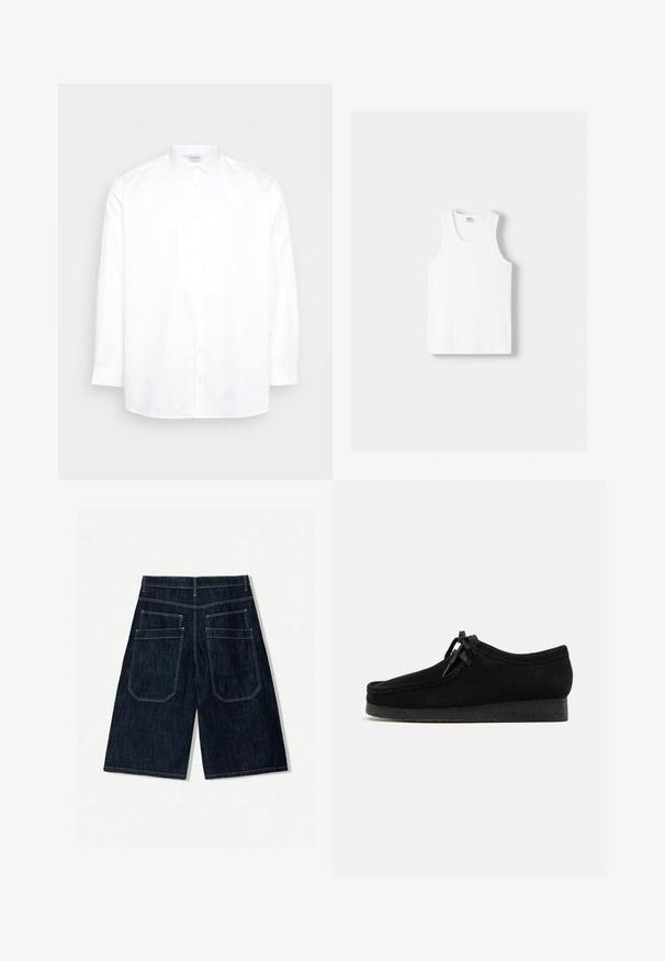 Fehér, hosszú ujjú, gombos ing pamutból. Éles nyakkal rendelkezik, és hat gomb található az elején. Simává textúrájú, normál szabással.; Fehér pamut ujjatlan felső kerek nyakkivágással, széles vállpántokkal és egyenes szegéllyel, sima textúrával, látható minták nélkül.; Sötétkék farmer rövidnadrág, laza fazonban, két hátsó zsebbel, kontrasztos varrással és egyenes szárú kialakítással.; Fekete nubuk bőr cipők lekerekített orrvonallal, fűzős elülső résszel és texturált fekete gumitalppal. Simább felsőrész finom varrási részletekkel.