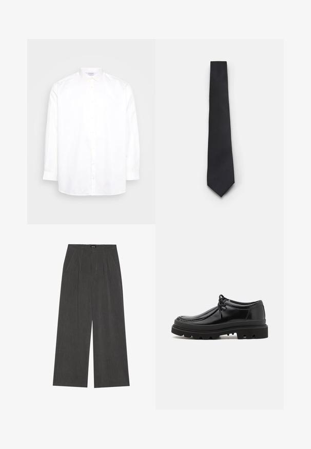 Weiße Langarmbluse aus Baumwolle. Verfügt über einen spitzen Kragen und sechs Knöpfe auf der Vorderseite. Glatte Textur, reguläre Passform.; Weite Hosen aus dunkelgrauem Stoff mit einem gefalteten Vorderteil, zwei Seitentaschen und einem flachen Bund. Angenehme Textur und maßgeschneidertes Design.; Schwarze Leder-Derby-Schuhe mit einem eleganten Design, runder Zehenpartie und rutschfester Gummisohle mit tiefen Rillen für besseren Halt.; Schmale schwarze Krawatte mit einem strukturierten, diagonalen Rippmuster. Verfügt über eine spitze Spitze und eine glatte Oberfläche. Geeignet für formelle Anlässe.