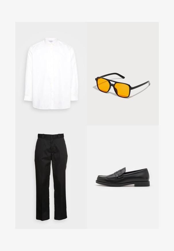 Valkoinen pitkähihaine nappipusero, joka on valmistettu puuvillasta. Siinä on terävä kaulus ja kuusi nappia edessä. Silkkinen rakenne, normaali istuvuus.; Mustat housut, jotka on valmistettu sileästä kankaasta, suoran lahkeen muotoilu, vyölenkit ja kaksi sivutaskua. Klassinen ilme ilman koristeita.; Musta nahkakengät, joissa on tyylikäs muotoilu, pyöreä varvas, ommellut yksityiskohdat ja matala lohkokorko. Liukastettu pinta ja minimaliset yksityiskohdat.; Mustat suorakulmaiset aurinkolasit, joissa on voimakkaat oranssit linssit. Ominaisuuksiin kuuluu ainutlaatuinen silta-design ja tyylikkäät varret, jotka on valmistettu kevyestä materiaalista.