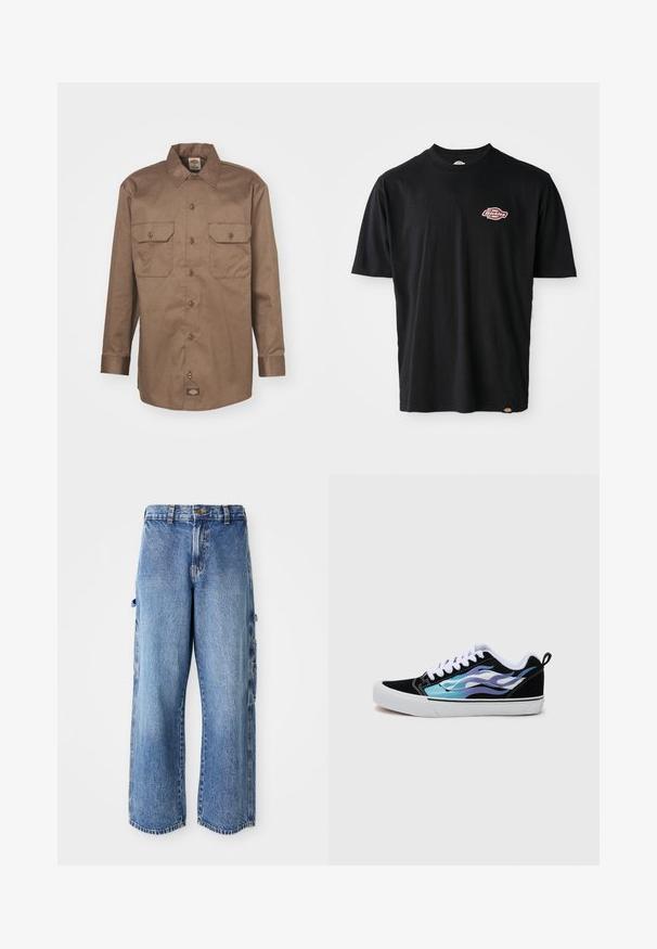 Dickies WORK  - Camisa - mushroom; Camiseta de algodón negra con cuello redondo, mangas cortas y un pequeño logo de Dickies en rojo y blanco en el pecho. Corte clásico.; Pantalones cargo de denim azul claro con un corte de pierna ancha, que presentan bolsillos laterales, una textura desgastada y un dobladillo ligeramente deshilachado.; Zapatillas de ante negro con suela de goma blanca. Presentan diseños de llamas iridiscentes en azul y púrpura. Cuentan con cordones blancos y una lengüeta trasera.