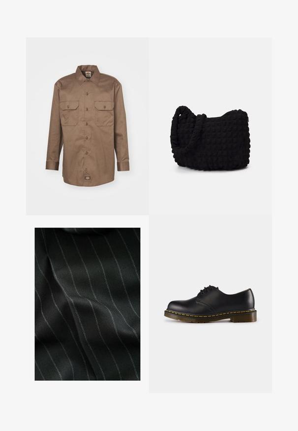 Dickies WORK - Ing - mushroom; Fekete szövet halszálka mintával és vékony fehér csíkokkal. A textúra simának tűnik, finom mélységgel a szövés miatt.; Fekete bőr cipő lekerekített orral, fűzős kialakítással, sárga varrással a talp mentén és masszív, texturált gumi talppal.; Fekete szövet táska texturált, steppelt mintával. Kerek formájú, rövid, vastag fogantyúkkal és puha, rugalmas szerkezettel.