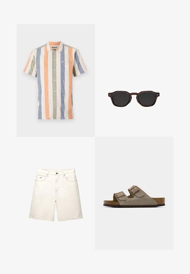 Krátký rukáv pruhované tričko z bavlněno-lnového směsového materiálu. Má vertikální pruhy v oranžové, modré, zelené a krémové barvě, knoflíkovou přední část a kapsu na levé straně hrudi.; Bílé džínové šortky s rovnými nohavicemi, pěti kapsami a viditelným švem. Mají přední zapínání na knoflík a malé logo značky na boku.; Světlé šedé semišové sandály na klínku s dvěma nastavovacími přezkami, korekovou stélkou a texturovanou gumovou podrážkou.; Massimo Dutti GEOMETRIC - Sluneční brýle - dark brown