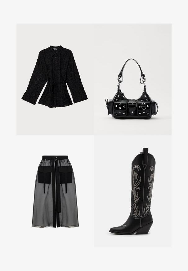 Holzweiler JENNA - Paitapusero - black; Musta läpinäkyvä hame, jossa on kerätty vyötärö, kaksi suurta etutaskua, vyönauha ja pyöreä metallikoriste.; Mustat nahkasaappaat cowboy-tyyliin, joissa on terävät varpaat, viistot korot ja hopeiset brodeeratut kukkakuviot varressa. Eroava ompelu koko saappaassa.; Musta nahkainen käsilaukku, jossa on kaareva muotoilu, hopeiset niitit, solki ja kaksi sivutaskua. Säädettävä olkahihna erilaisiin kantovaihtoehtoihin.