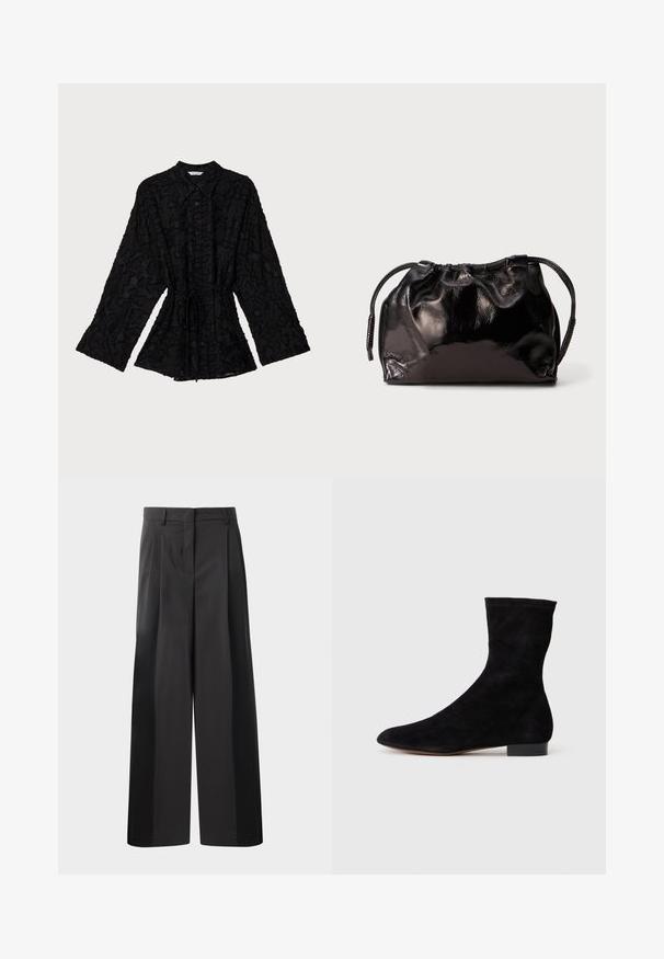 Holzweiler JENNA - Camicia - black; Pantaloni neri a gamba larga con vita alta, caratterizzati da pieghe frontali, una texture liscia e una finitura sartoriale. Progettati per un fit rilassato.; Stivale alla caviglia in suede nero con gambale aderente, punta affusolata e tacco a blocco basso. Texture liscia e design minimalista, adatto per uno stile versatile.; Piccola sacca a drawstring in pelle nera lucida con manici corti su uno sfondo grigio chiaro.