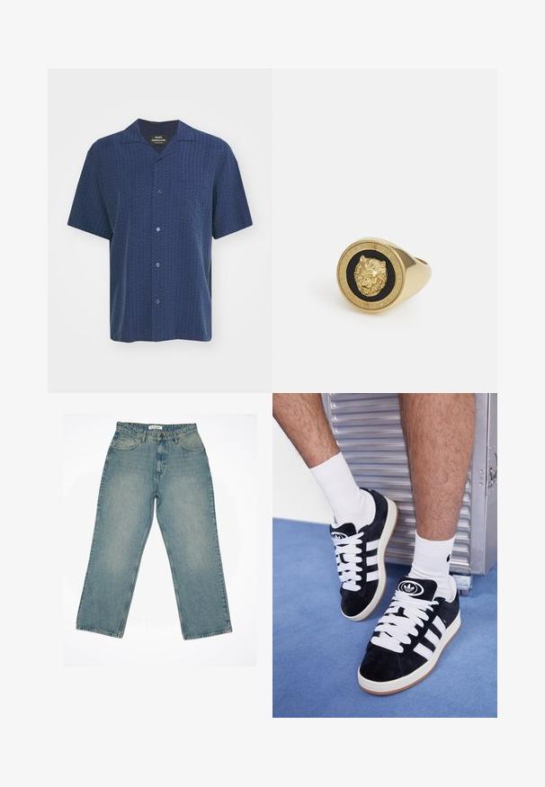 Kurzärmeliges Hemd in dunkelblau mit strukturierter Musterung, Knopfverschluss und Campkragen. Verfügt über eine Brusttasche und einen glatten Stoff.; Weißes T-Shirt mit kurzen Ärmeln aus weicher Baumwolle. Es hat einen Rundhalsausschnitt und eine lockere Passform, mit einer glatten Textur und einem klaren, schlichten Design.; Hellblaue Denim-Jeans mit hoher Taille und weitem Bein. Verfügt über vordere Taschen, einen Reißverschluss und sichtbare Nähte.; Schwarze Wildledersneaker mit weißen Schnürsenkeln und drei weißen Streifen. Verfügt über ein kreisförmiges schwarzes Logo auf der Zunge und eine Gummisohle.; Goldfarbener Ring mit einem erhabenen Löwenmotiv auf schwarzem Hintergrund, umrandet von einem kreisförmigen Band, auf dem der Markenname eingraviert ist.
