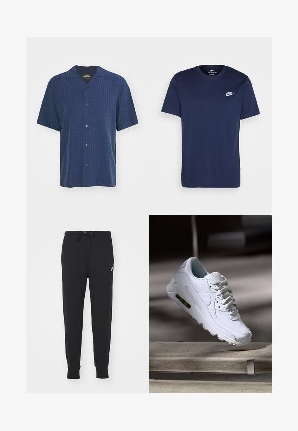 Camisa de manga corta en un azul marino oscuro con patrón texturizado, cierre de botones en la parte delantera y cuello de tipo camp. Presenta un bolsillo en el pecho y una tela suave.; Camiseta de algodón azul marino con cuello redondo y mangas cortas. Presenta un logotipo blanco de Nike en el lado izquierdo del pecho y un dobladillo recto.; Pantalones de chándal negros confeccionados en una mezcla de algodón, con una cintura con cordón, piernas ajustadas y un pequeño logo blanco en la parte delantera.; Zapatilla blanca de piel con superficies texturizadas, cuello acolchado y amortiguación de aire visible en la suela. Presenta cordones y un diseño minimalista.