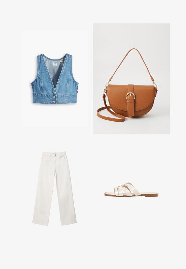 Svijetloplava denimska kratka prsluk s V-izrezom, bez rukava, vertikalnim šavovima i dva metalna dugmeta sprijeda.; Bijele široke traperice od denima, s visokim strukom, dizajnom od pet džepova i metalnim zatvaračem. Glatka tekstura, bez uzoraka.; Ravne sandale s smeškom od gume, dizajnirane s tri preklapajuće bele kožne trake i malim detaljem mašne u sredini.; Smeđa kožna torba preko tijela s zakrivljenim oblikom, zlatnim metalnim detaljima i naglaskom na kopču. Ima odvojivu naramenicu.