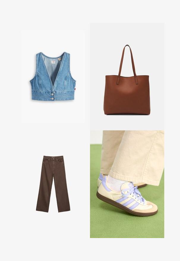 Helles bläuliches Denim-Top ohne Ärmel mit V-Ausschnitt, vertikalen Nähten und zwei vorderen metallischen Knopfdetails.; Weite braune Jeans aus Denim, mit hoher Taille, Fronttaschen und klassischem Knopfverschluss. Glatte Textur mit feinen Nähten.; Cremefarbene und lavendelfarbene Sneakers mit drei Streifen und einer strukturierten braunen Sohle, ausgestattet mit Schnürsenkeln und einer gepolsterten Ferse. Obermaterial aus weichem Stoff.; Braune Leder-Tote mit glatter Textur, offenem Oberteil und zwei Schulterriemen. Verfügt über minimale Nähte und keine sichtbaren Beschläge.