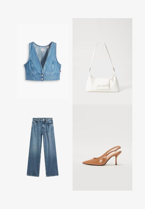 Lys blå denim cropped vest med V-udskæring, ærmeløs design, lodrette sømme og to metalknapdetaljer foran.; Lyseblå denim brede bukser med høj talje, fem-lomme design og knaplukning. Stoffet har en let falmet tekstur.; Spids tå slingback hæl i et glat, blankt tan materiale. Har et buet udskæring design og en slank stiletto hæl. Sølv spænde detalje.; Hvid syntetisk håndtaske med en trekantet form, flad forsideklap og sløjfedetalje, justerbar strop, glat tekstur og minimalistisk design.